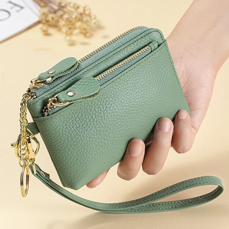 Portafoglio da donna in vera pelle con cerniera per monete, mini portafoglio con blocco RFID con slot per carte di credito, cerniera attorno al portachiavi da polso