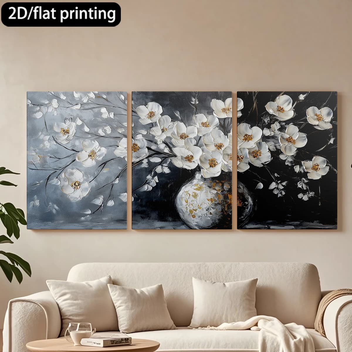Dipinto decorativo su tela con cornice in legno, 3 pezzi. Fiori bianchi astratti, vaso in vetro. Decorazione per corridoio e camera da letto.