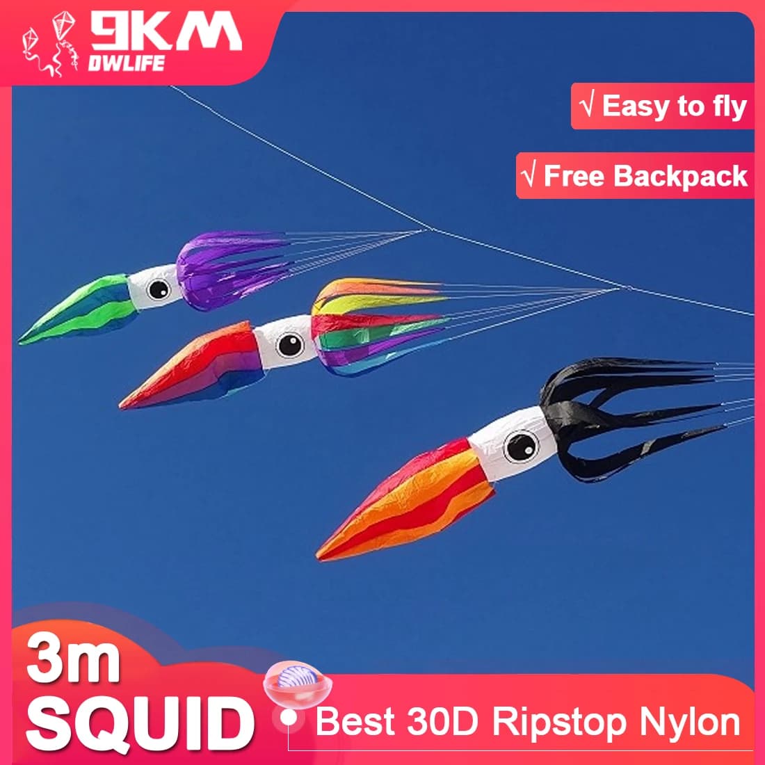 9KM 3m Squid Kite Line Plot Pendant Inflatable Soft Show Kite for Festival 30D Ripstop Nylon Fabric ( Wholesale)