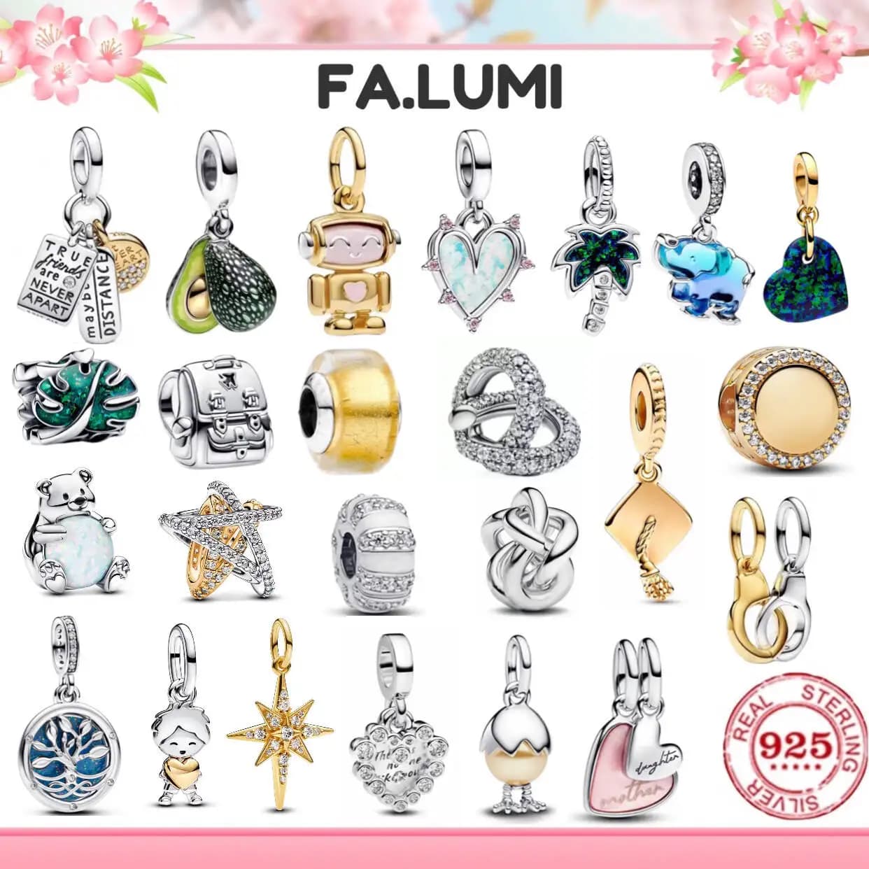 Ciondolo a forma di cuore azzurro chiaro in argento puro 925% con orsetto, robot e avocado, originale fai da te, regalo per gioielli da donna