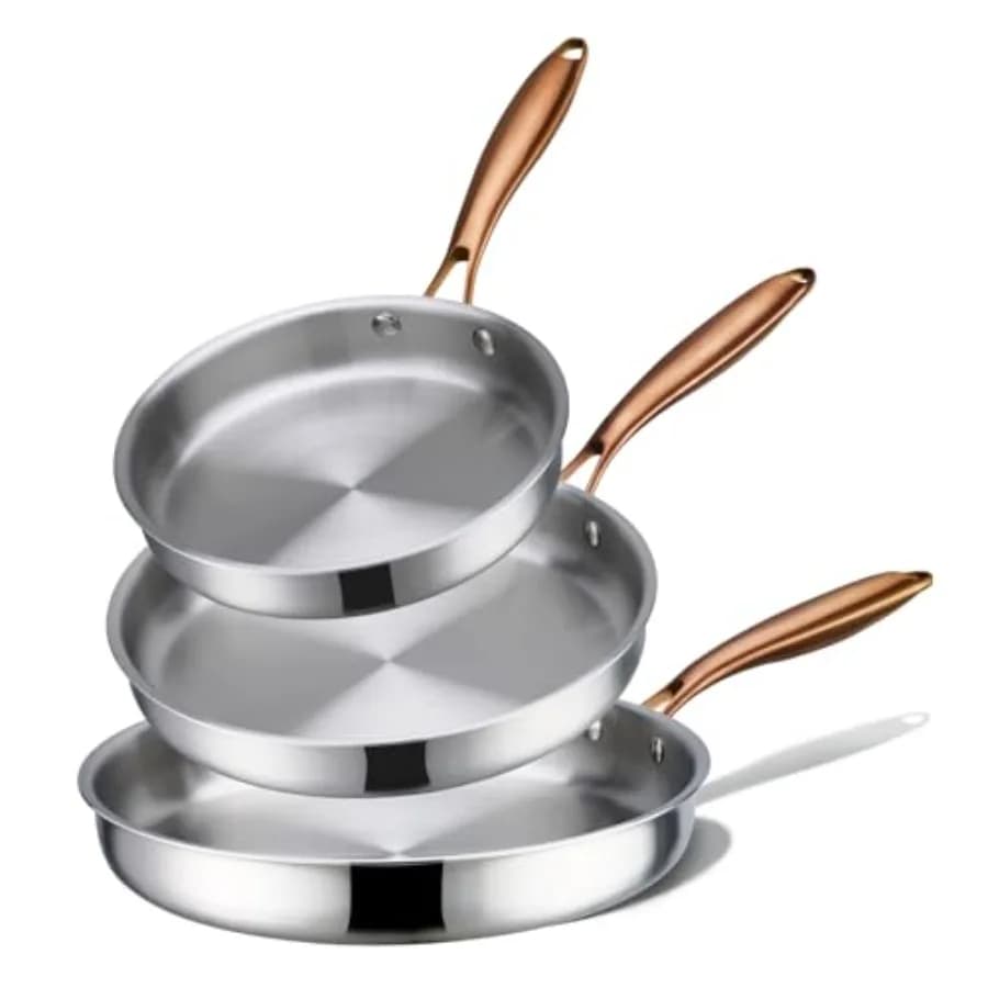 Set di 3 Padelle in Acciaio Inox Tri-Ply, Set di Padelle 8"//12", Compatibili con l'Induzione, Adatte per Forno e Lavastoviglie, con Manico, Mo