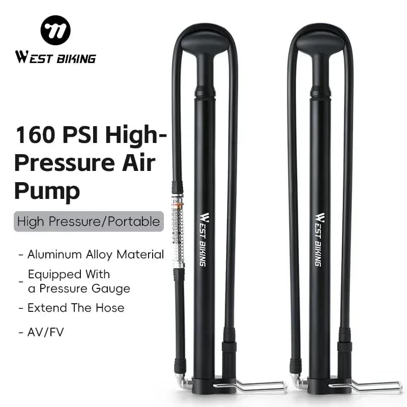 WEST BIKING Mini pompa da pavimento per bicicletta portatile Pompa ad aria ad alta pressione 160PSI con tubo barometro di prolunga per bici da strada MTB