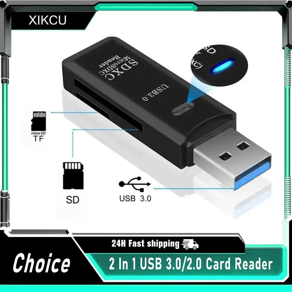 XIKCU Lettore di schede USB 3.0/2.0 multifunzionale 2 in 1 ad alta velocità Supporta TF + SD Computer Tablet Fotocamera Laptop Montaggio su auto