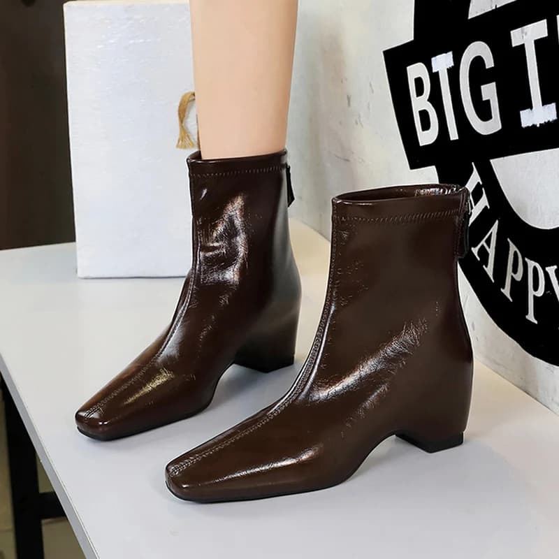 Stivali da Donna alla Moda con Tacco a Blocco Alto 5cm, Stivaletti Invernali in Pelle con Punta Quadrata e Cerniera