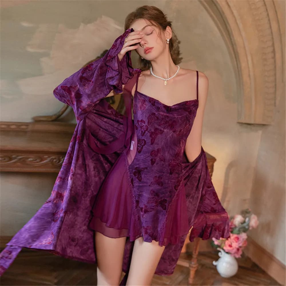 Sexy Print 2PCS Nighty Robe Set Nightgown Bathrobe Night Dress Summer Silk Satin Sleepwear Homewear