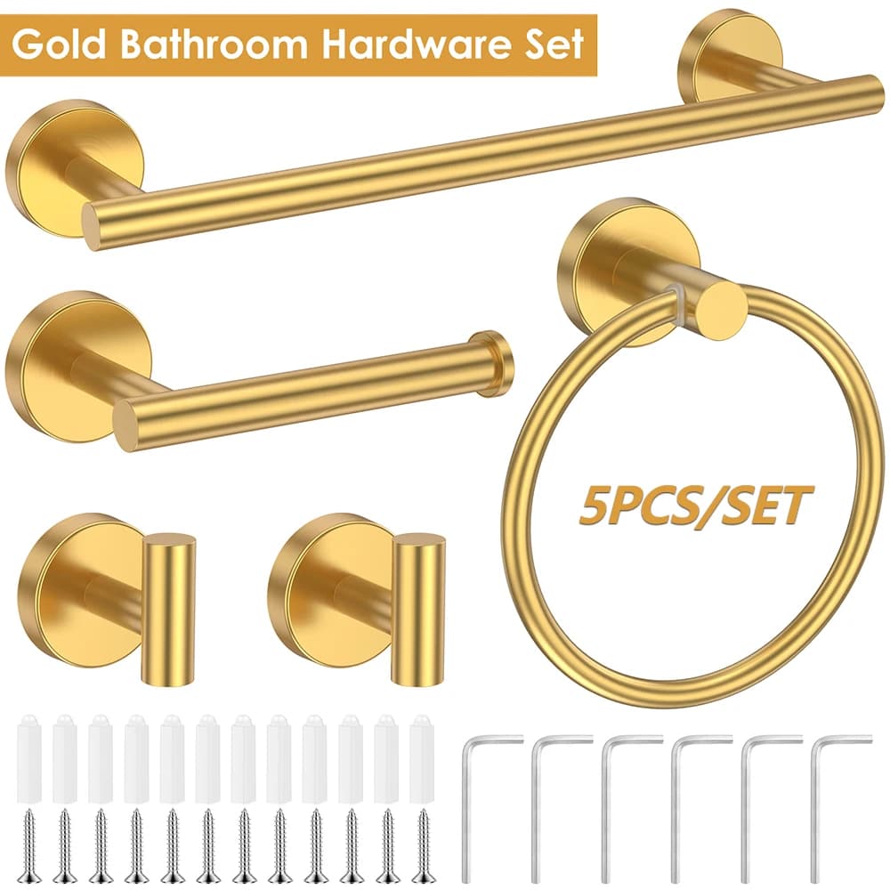 Set di 5 Accessori per Bagno in Acciaio Inox Dorato, Design Moderno: Portasciugamani, Anello Portasciugamani, Porta Carta Igienica, Gancio per Accappatoio