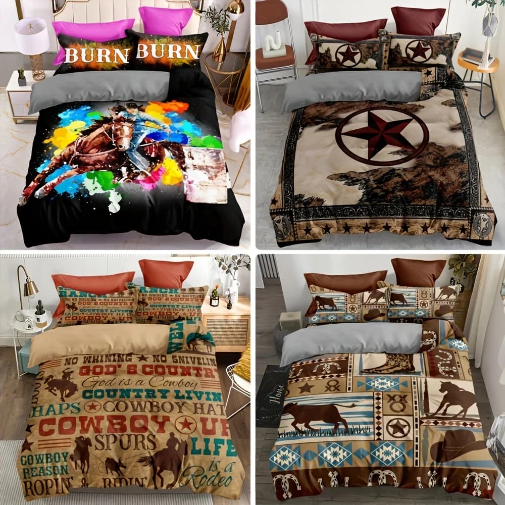 [Fodera per piumino Western Cowboy] Set copripiumino da 3 pezzi Western Cowboy Knight - Poliestere lavabile in lavatrice senza riempimento, con cerniera e lavabile in lavatrice