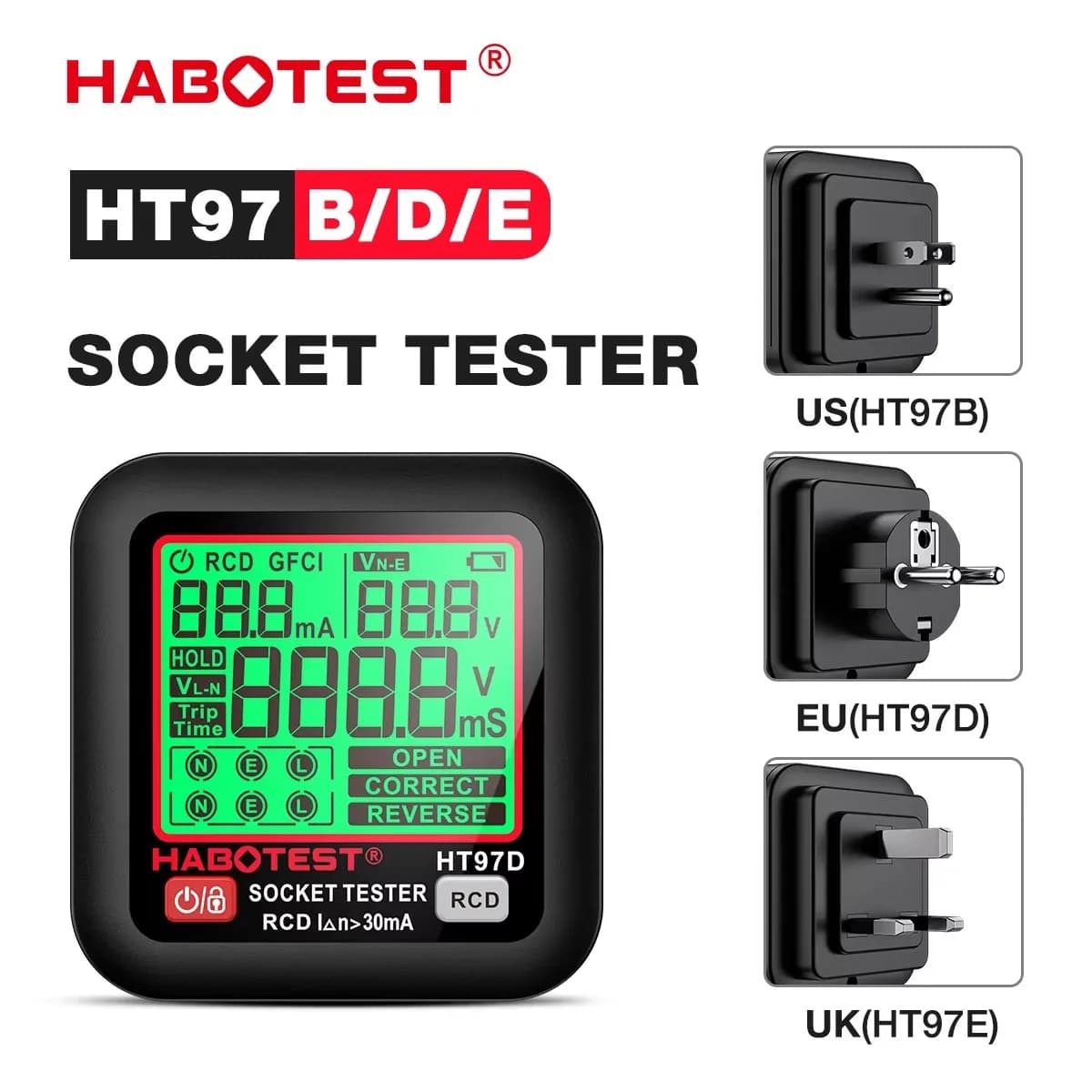 HABOTEST HT97 Digital Socket Tester Smart Voltage Detector RCD GFCI Testr EU US UK Plug Large Display Electrician Tool