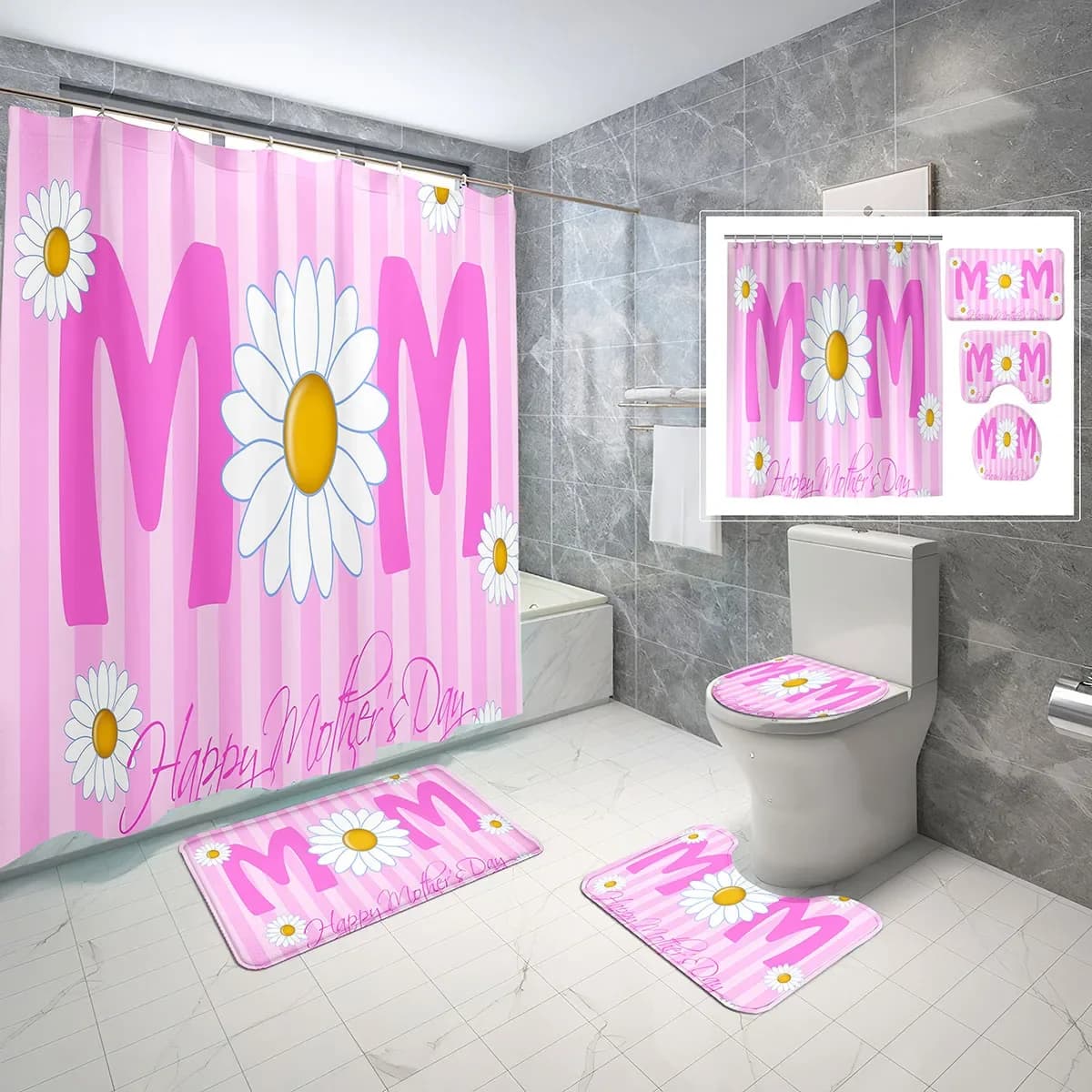 Set di 4 Pezzi per la Festa della Mamma: Tenda da Doccia con Copriwater e Tappetino Antiscivolo, Sfondo Rosa, Set Impermeabile per Doccia