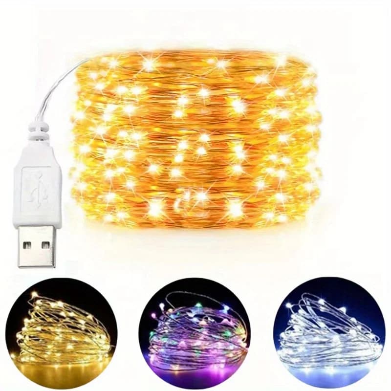 Luci Fatate LED USB a Batteria, Ghirlanda in Filo di Rame, Luci Natalizie per Giardino, Feste, Matrimoni, Decorazioni Natalizie