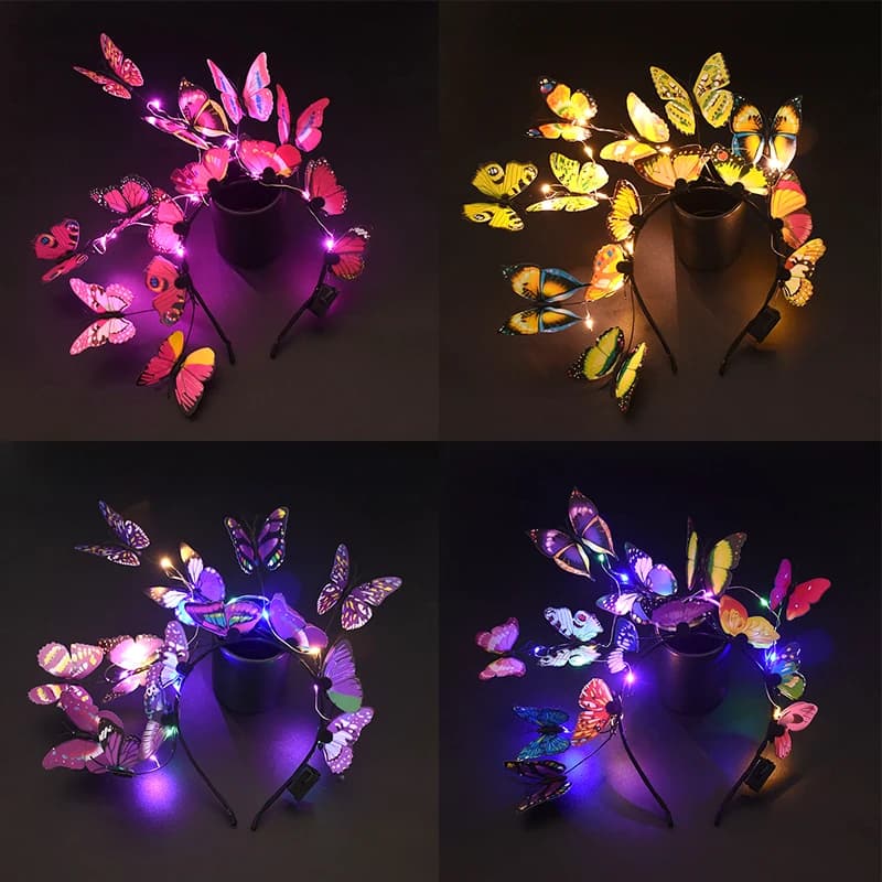 Donne Ragazze Incandescente Farfalla Fascia LED Illumina Simulazione Rosa Blu Farfalla Fiore Ramo Fascia per capelli Copricapo Decorazioni per feste