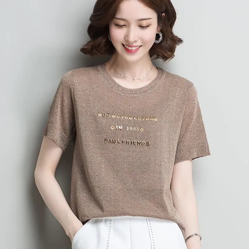 Fashion O-Neck Bright Silk Short Sleeve Letter Blouse Women's Clothing Summer New Oversized Casual Pullovers Korean Shirt
