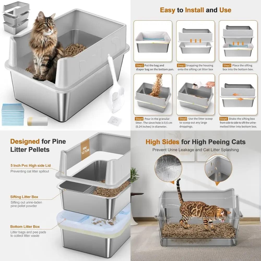 Lettiera per gatti con setaccio in metallo su alta faccia per pellet di pino, 23,6 l x 15,7 l x 13 ore, setaccio chiuso, facile da pulire, gestione dei rifiuti degli animali domestici