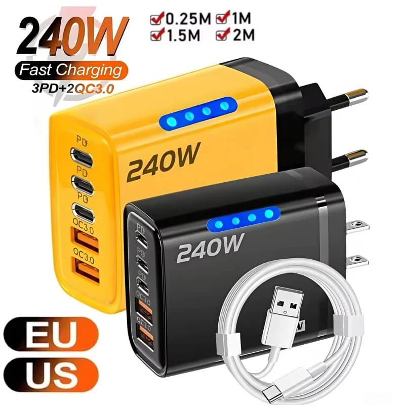 240W 3 Type C 2 USB GaN Fast Charger 5 In 1 LED Phone Charger Wall Adapter For iPhone 17 16 Pro Samsung Xiaomi Huawei EU US Plug