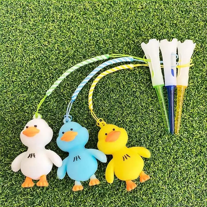 T-shirt da golf con anatra da cartone animato da 3 pezzi con testa in gomma morbida, tee da allenamento in plastica anti-perdita per la pratica, accessori da golf in stile pendente