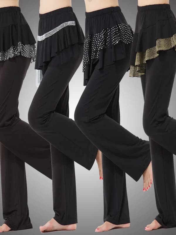 New Square Dance Straight Leg Pants Gold Lace Dance Skirt Pants Shiny Belt Latin Dance Leopard Print Asymmetrical Flared Larg...