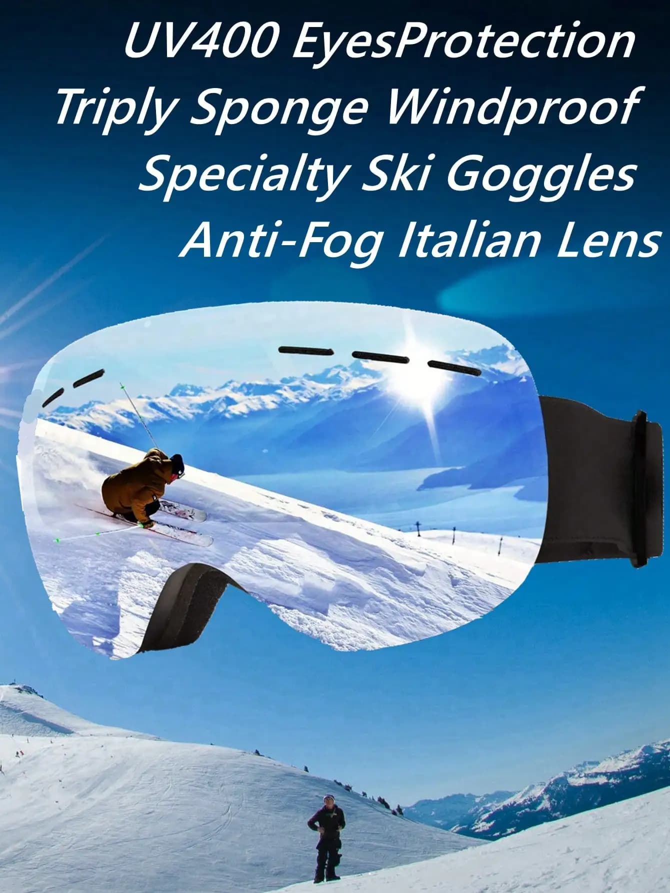 Occhiali da Sci UV400 Antiappannamento e Antivento con Tripla Imbottitura in Spugna e Lente Italiana