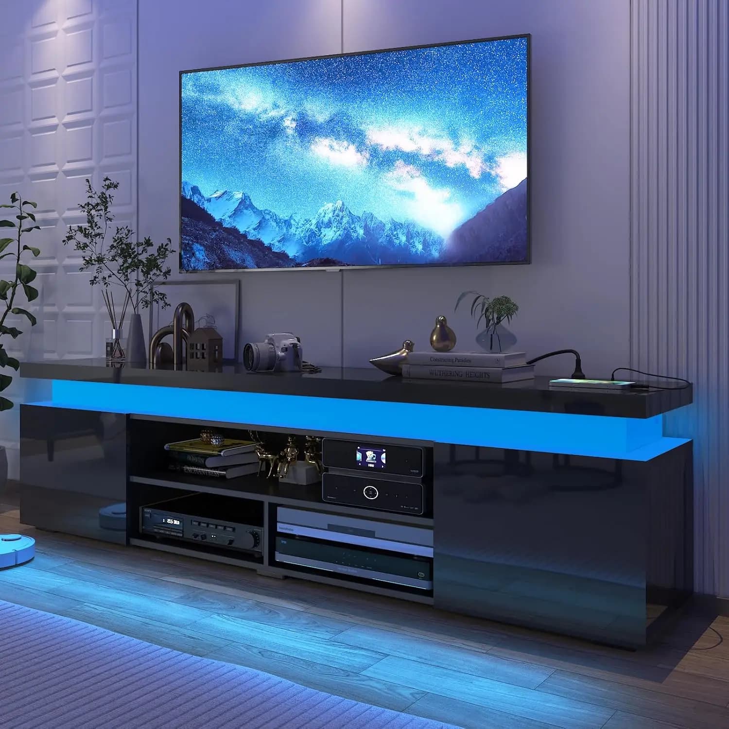 Supporto TV LED per TV da 85 Pollici, Mobile TV Moderno con Presa di Corrente, Console TV Lucida, Centro di Intrattenimento Personalizzabile