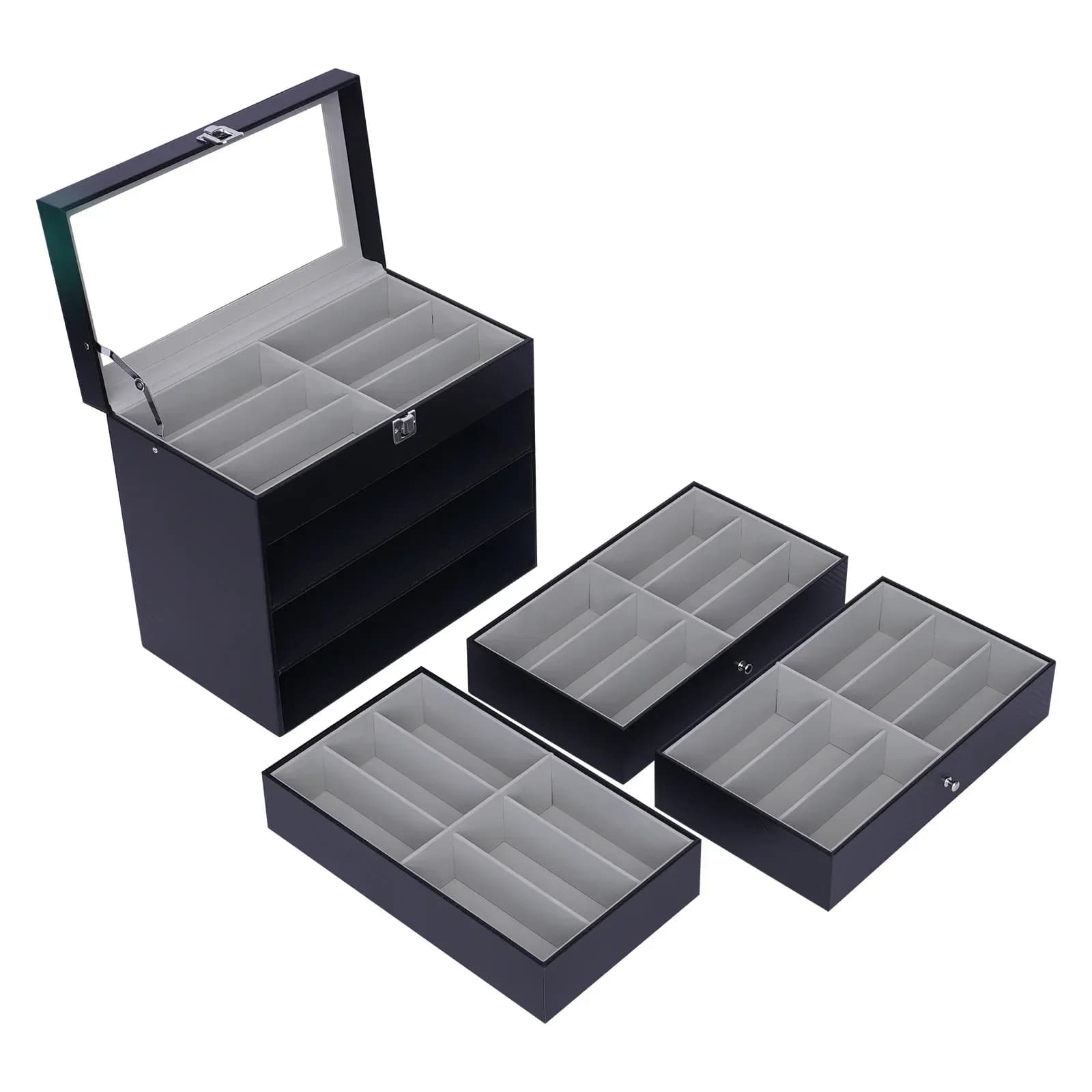 Espositore per Occhiali a 4 Livelli in Pelle PU Nera, Scatola Porta Occhiali da Collezione (24 Scomparti)