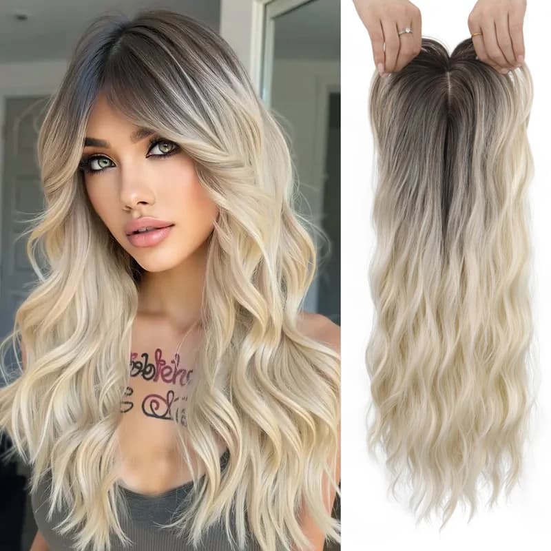 Elegante topper per capelli da donna con frangia laterale, capelli sintetici ondulati lunghi ricci resistenti al calore, topper per capelli diradati