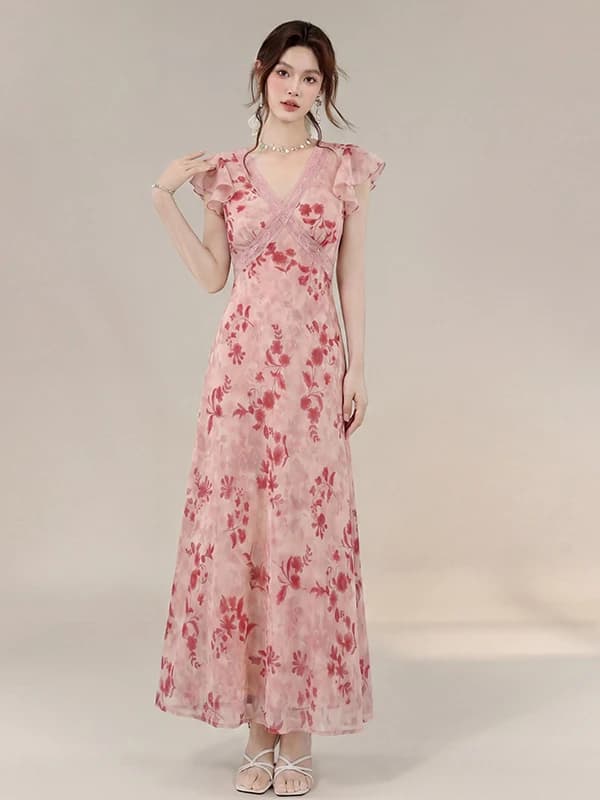 Elegante Abito Lungo Floreale in Pizzo da Donna, Nuovo Modello Estivo con Scollo a V, Maniche a Sbuffo, Vita Stretta Effetto Snellente, Gonna a Trapezio per il Commuting Urbano