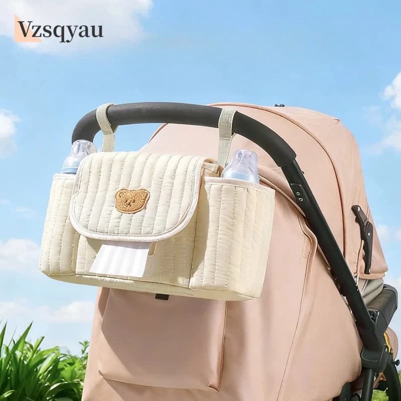 Borsa per accessori per passeggino Borsa per appendere inclinata Borsa per cosmetici per mamma orso cartone animato Cestino portaoggetti per auto per bambini Artefatto da passeggio per bambini