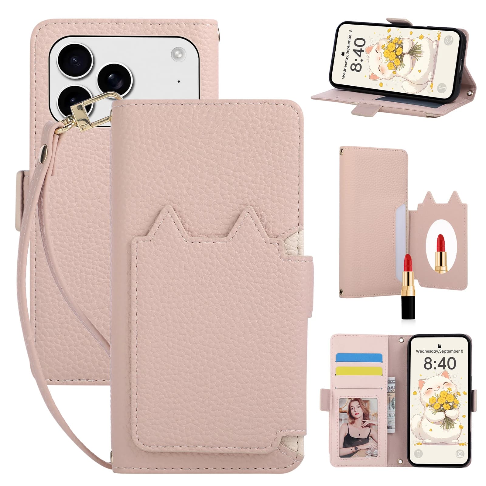 Cute Cat Flip Card Slot Wallet Leather Phone Case for iPhone 18 Pro Max 17 16 15 14 13 12 Shockproof Strap Book Stand Slim Cover