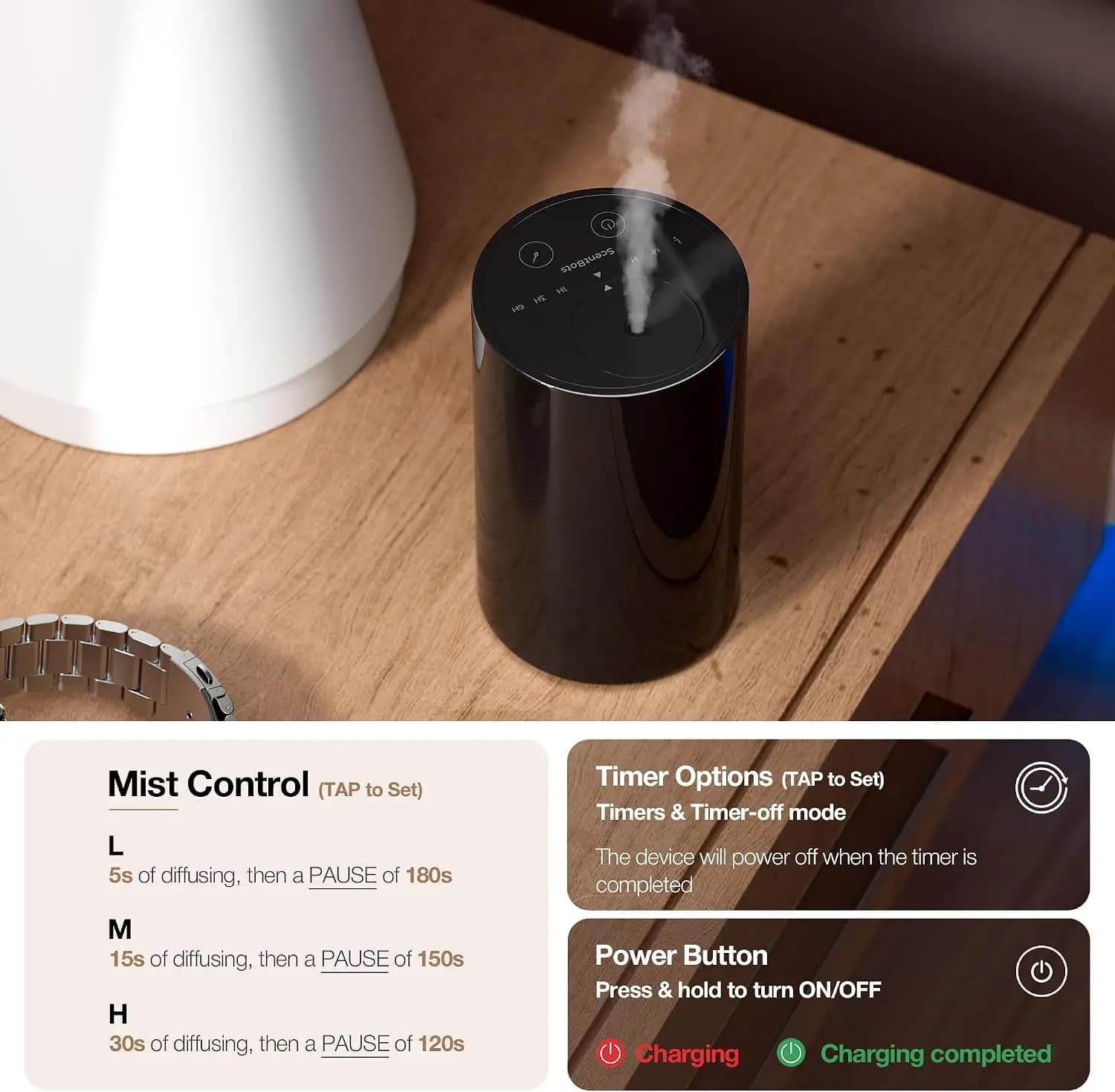 2026 New Upgrade Waterless Diffuser For Essential Oil For Home, Room, Black | Up To 600 Sq Ft, Battery Operated, 20mL, Timer