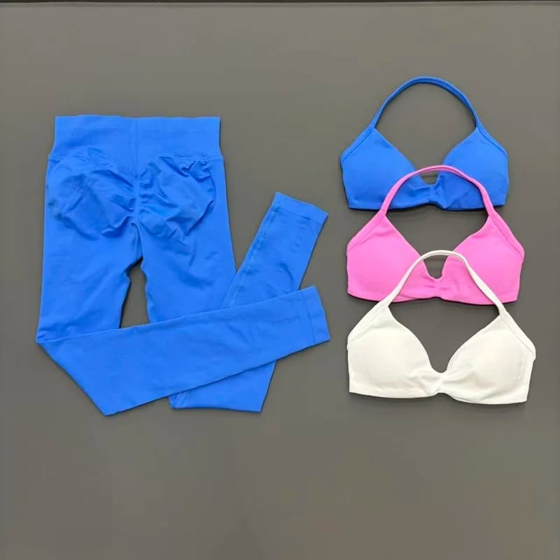 Set da allenamento 2 pezzi da donna, completo sportivo senza cuciture con reggiseno a fascia, leggings a vita alta push-up, per yoga, pilates, palestra, corsa e fitness.