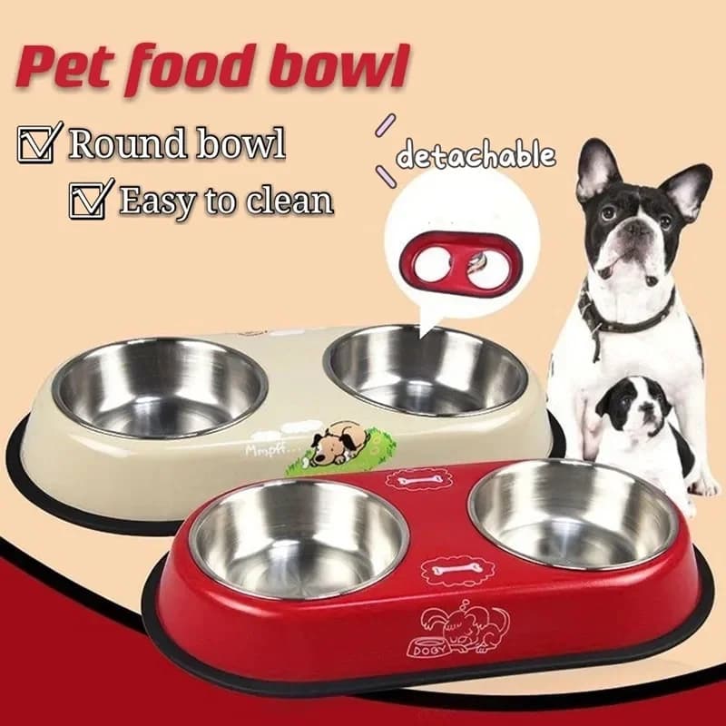 Alimentatore per acqua per cibo per cuccioli in acciaio inossidabile con doppia ciotola per cani, durevole, per animali domestici, stoviglie per gatti, forniture per l'alimentazione dei gattini antiscivolo