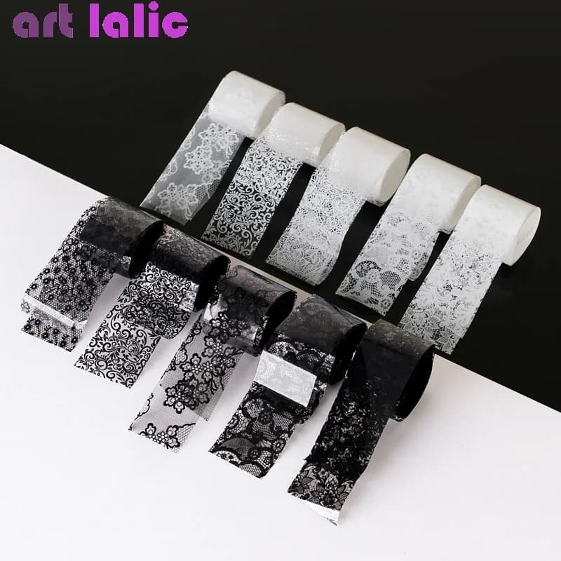 10 rolls 2.5*60 cm new black white lace transfer lamina nail art sexy wraps complete flower glue adhesive tools for styling manicure diy