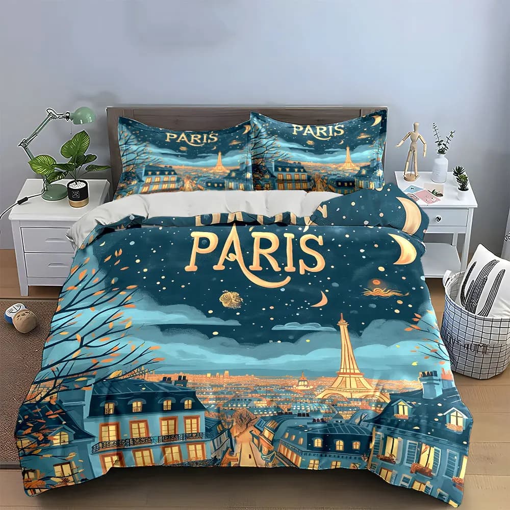 Paris Night Landscape Set Bedding Set with 1 Duvet Cover 2 Pillowcases Single Double King Queen, Gift