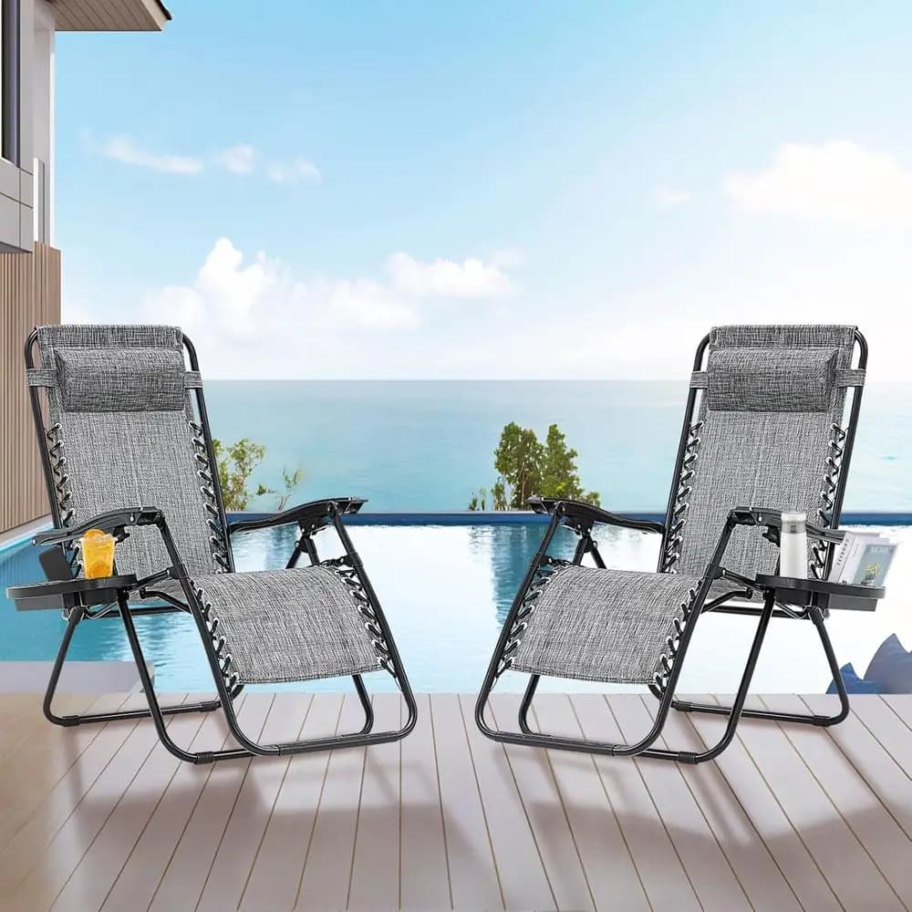 Double Reclining Zero Gravity Chairs with Pillows and Cup Holders for Outdoor, Beach, and Poolside Use (Gray)