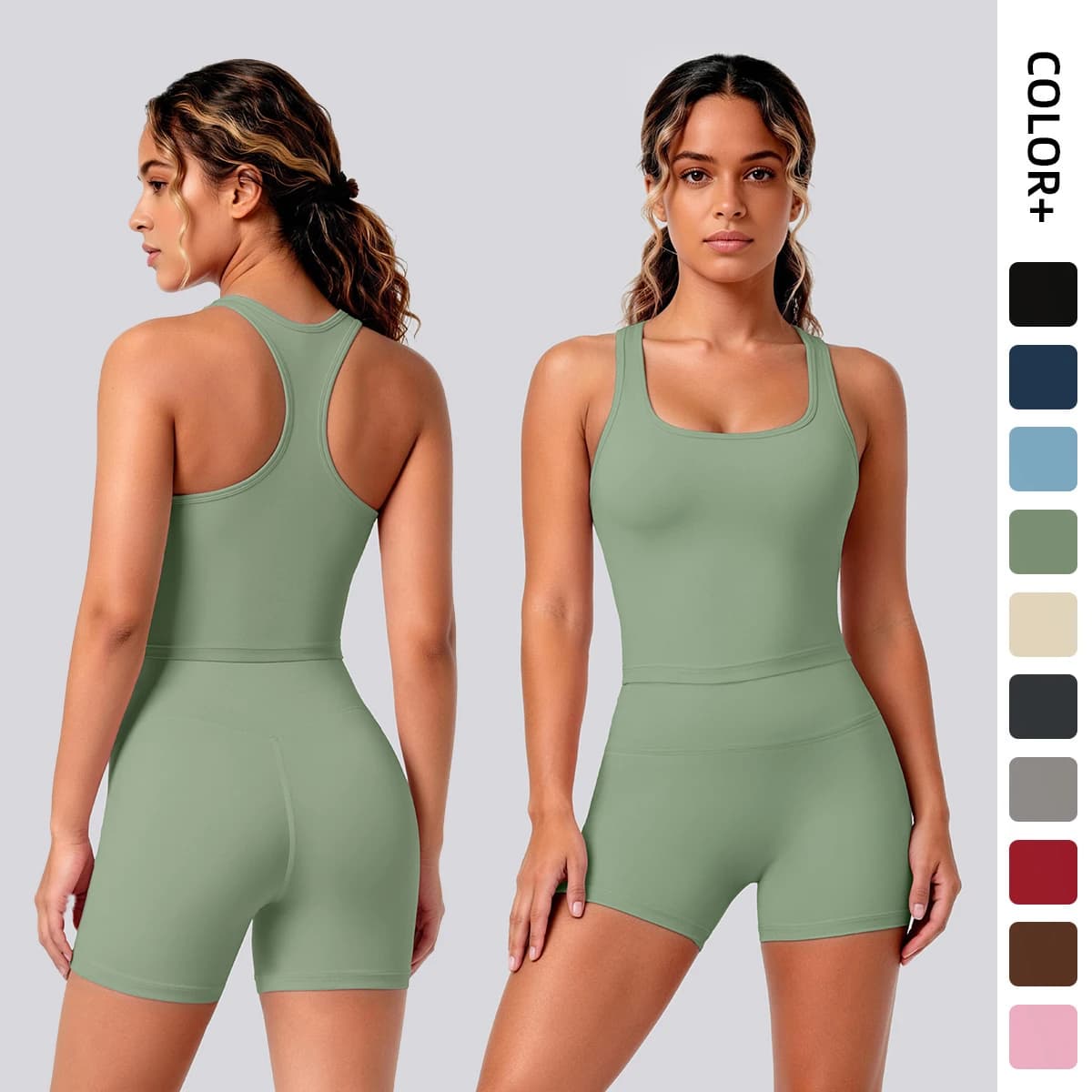 2PCS Woman Yoga Set Breathable Workout Top I-shaped Vest Solid Color Gather Yoga Vest Hip Push Up Quick-Dry Summer Yoga Shorts