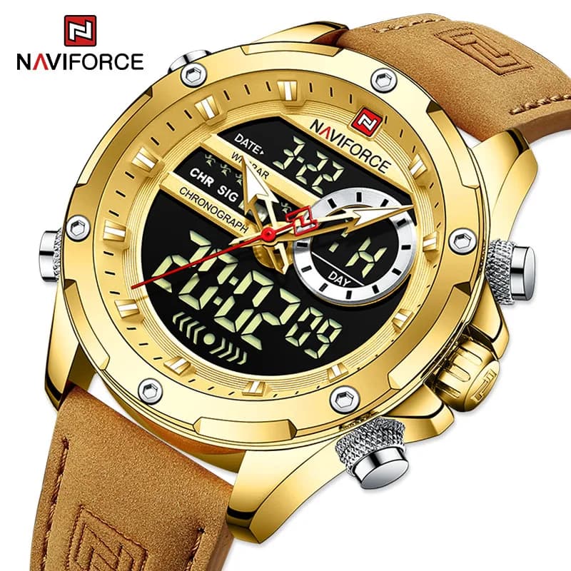 Orologio da Polso NAVIFORCE Originale da Uomo, Doppio Fuso Orario, Lusso Sportivo, Cronografo Casual, Sveglia, Quarzo, Cinturino in Pelle, Impermeabile