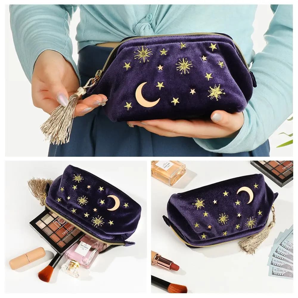 Borsa per Cosmetici da Viaggio per Donne con Motivo Stelle e Luna Ricamato in Velluto Borsa Portatile per il Trucco