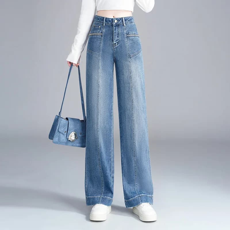 Jeans da donna Pantaloni dritti drappeggiati larghi estivi Pantaloni lunghi dimagranti versatili a vita alta