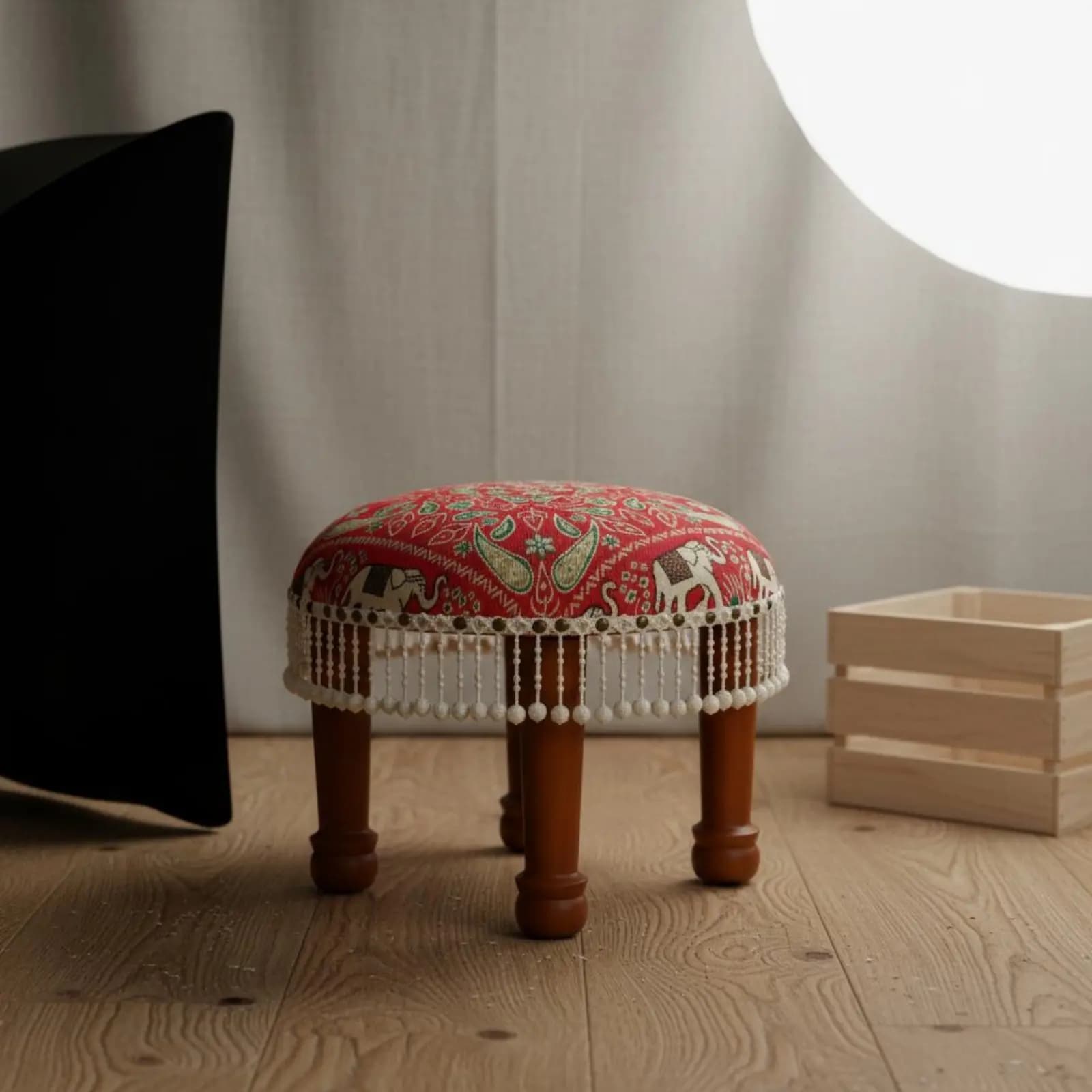 2 Pezzi Sgabello Floreale con Nappe, Poggiapiedi Rotondo con Nappe, Gambe in Legno, Arredamento per la Casa, Patchwork per Ingresso, Area Spogliatoio
