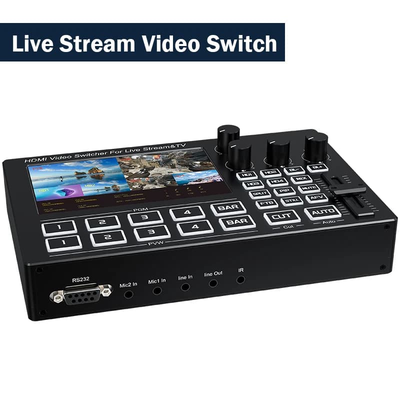 1080P video mixer switcher with 5 inch IPS screen Support for 4 channel HDMI live streaming Microphone line in recording audio video mix capture