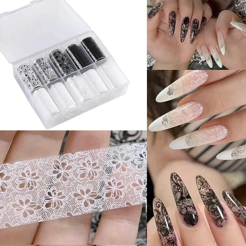 10 Rotoli di Fogli Adesivi per Trasferimento Unghie, Decorazioni Unghie con Fiori in Pizzo Nero, Bianco e Rosso, Accessori per Manicure Fai da Te