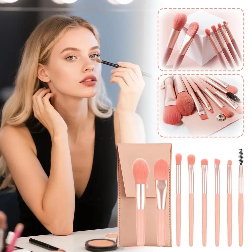 Set di 8 mini pennelli per il trucco con custodia in pelle, pennelli cosmetici portatili da viaggio per fondotinta, cipria, ombretto, strumenti di bellezza