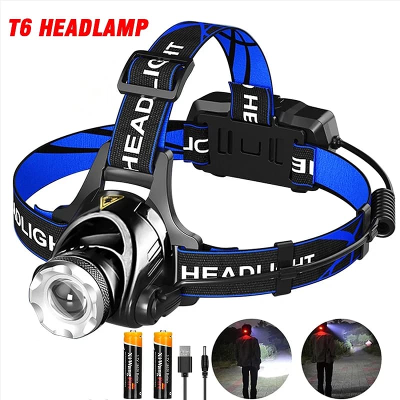 Potente lampada frontale a induzione a LED USB/DC ricaricabile Torcia frontale super luminosa Faro da caccia per pesca da campeggio esterno