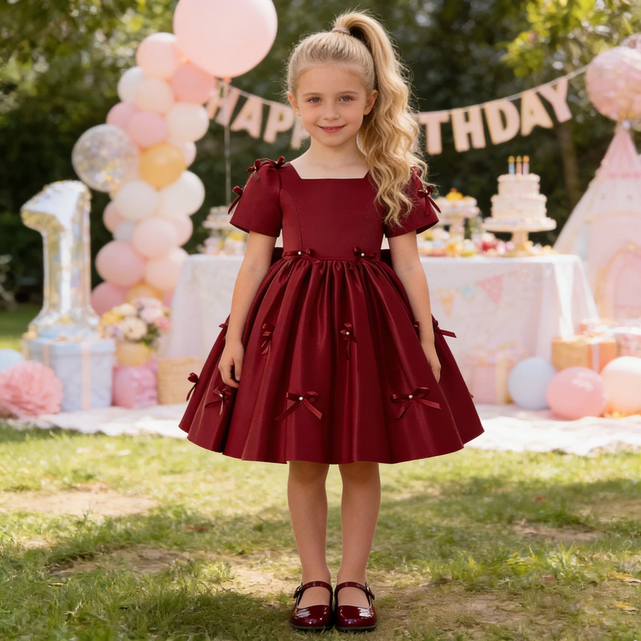 Abiti da ragazza da festa per damigelle d'onore con fiocco alla moda Elegante abito da ballo da principessa per matrimonio per ragazze Abito da ballo da sera per compleanno a maniche corte
