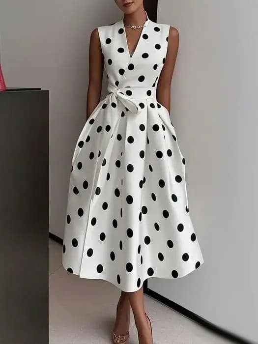 Abito Estivo da Donna Stile Francese Vintage a Pois, Sottile, con Scollo a V, Senza Maniche, Gonna a Trapezio e Vita Stretta