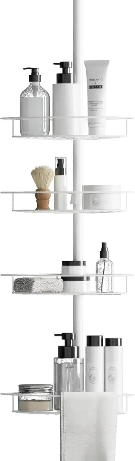 Portaoggetti da doccia regolabile con 4 cestelli e portasciugamani, organizer con asta telescopica resistente alla ruggine, 60-97 pollici, bianco