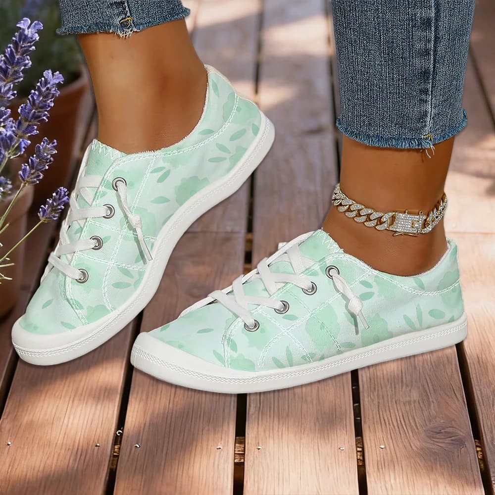Scarpe in tela stampate verde menta stile fresco, scarpe basse casual slip-on primaverili ed estive, sneakers da donna