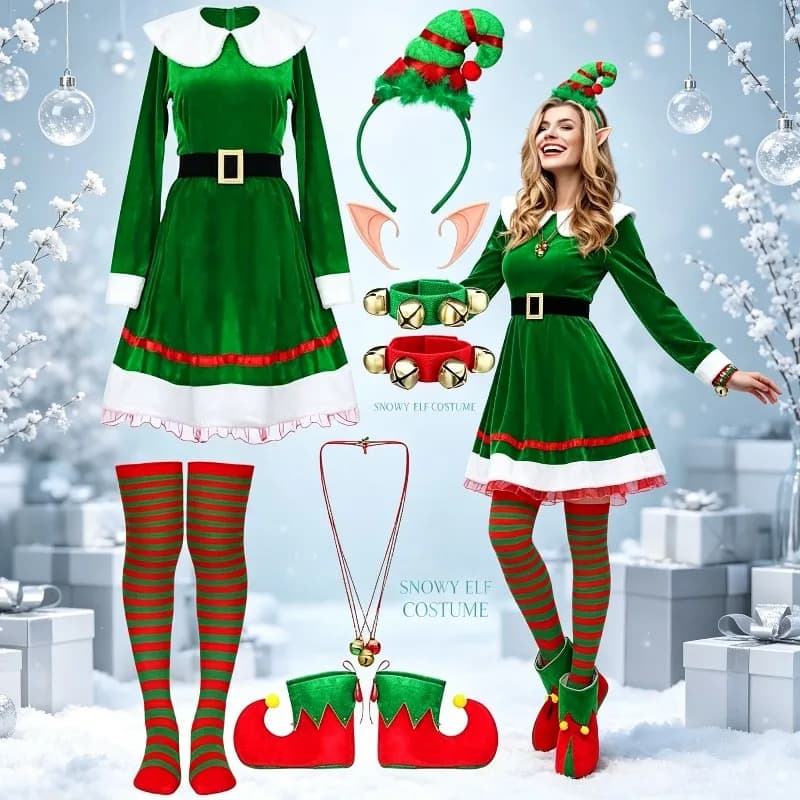 Women Christmas Elf Costume Set, Velvet Dress with Belt, Striped Socks & Elf Hat, Ladies Xmas Party Cosplay Outfit for Holiday