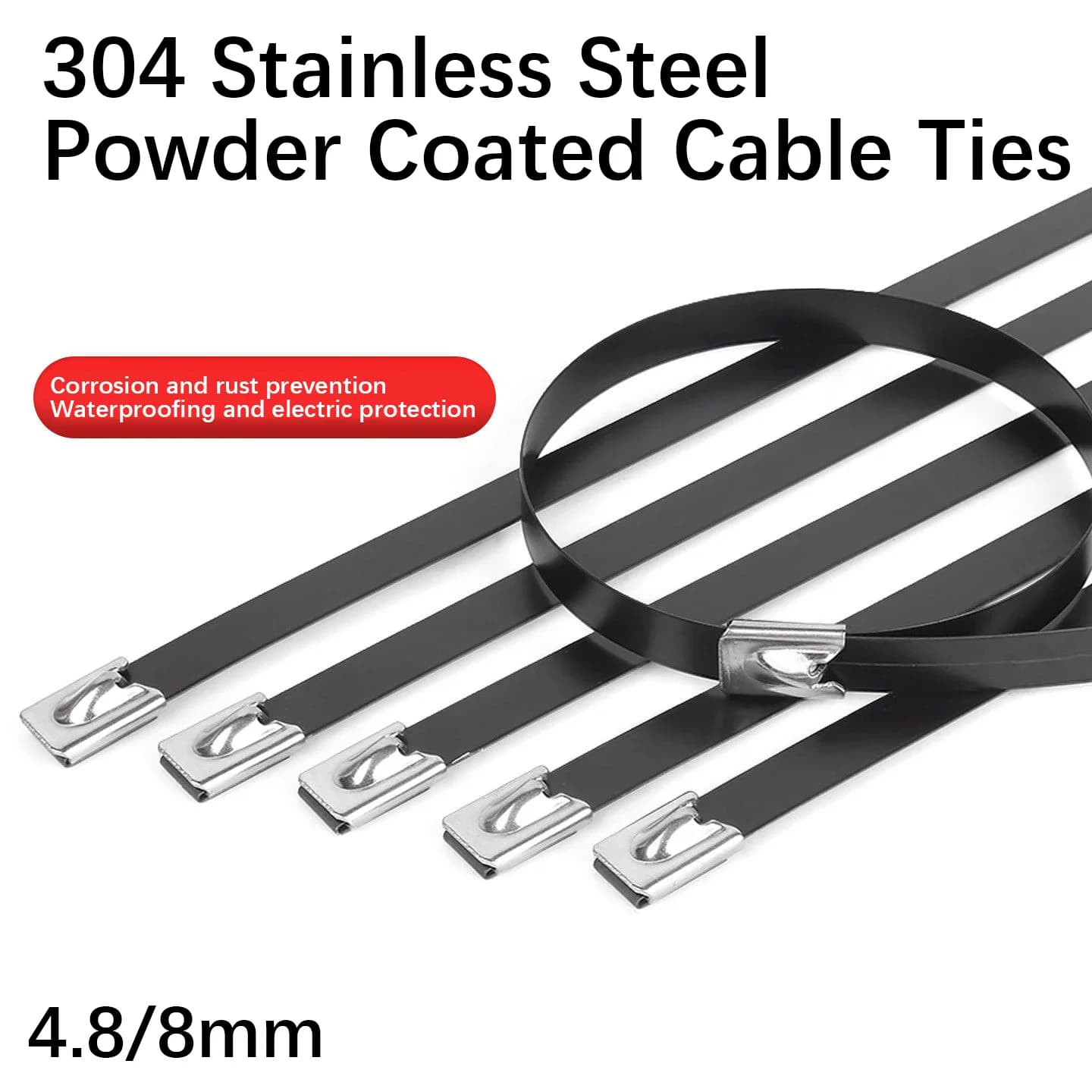 10-50pcs 304 Stainless Steel Plastic-Coated Self-Locking Cable Ties 4.8/8MM Marine-Grade Black Rust-Proof Wire Straps with Clips