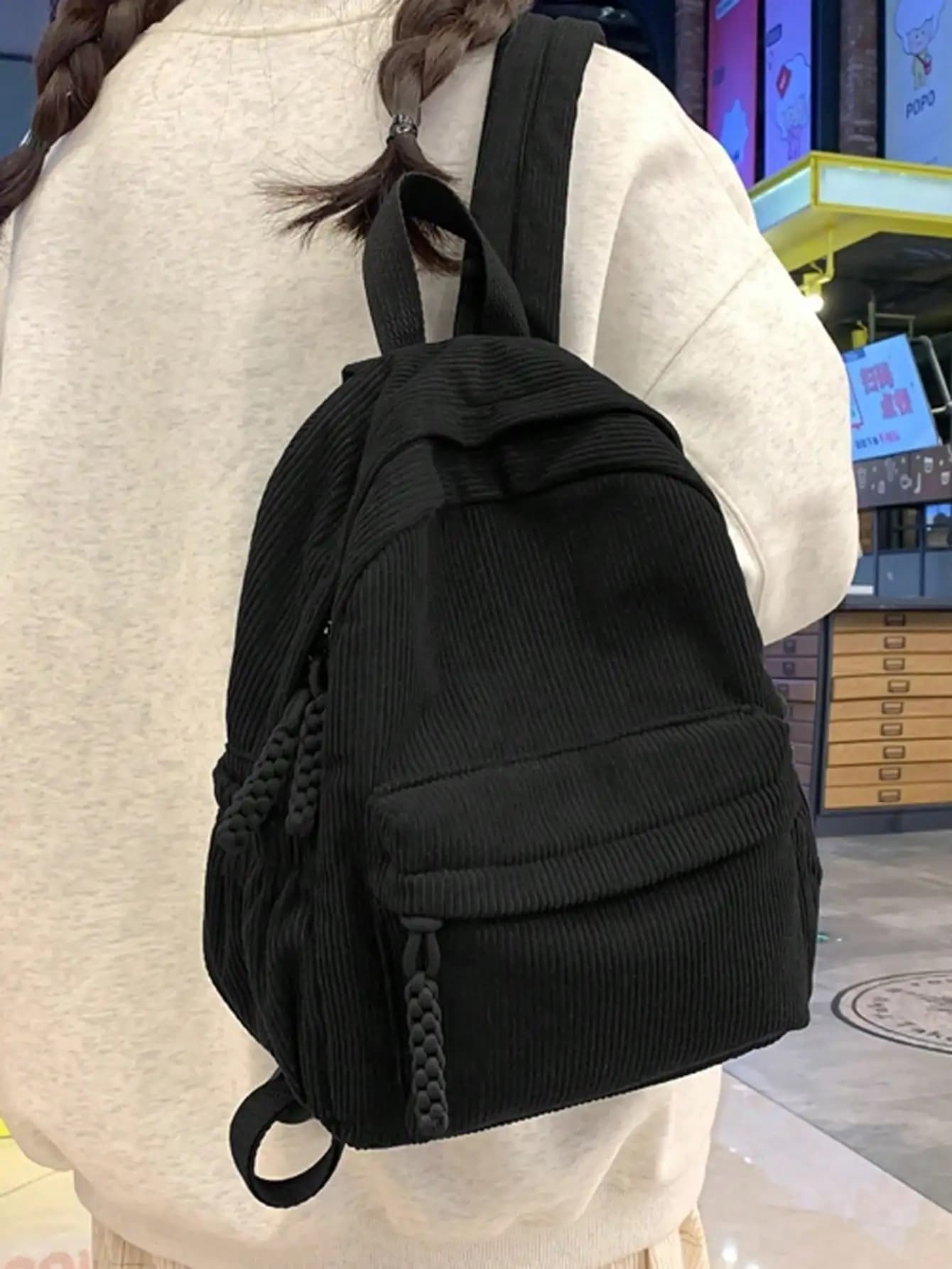 Zaino da donna alla moda e semplice in tessuto di velluto a coste tinta unita, zaino scolastico, borsa per libri, zaino grande, portatile, leggero, classico e casual