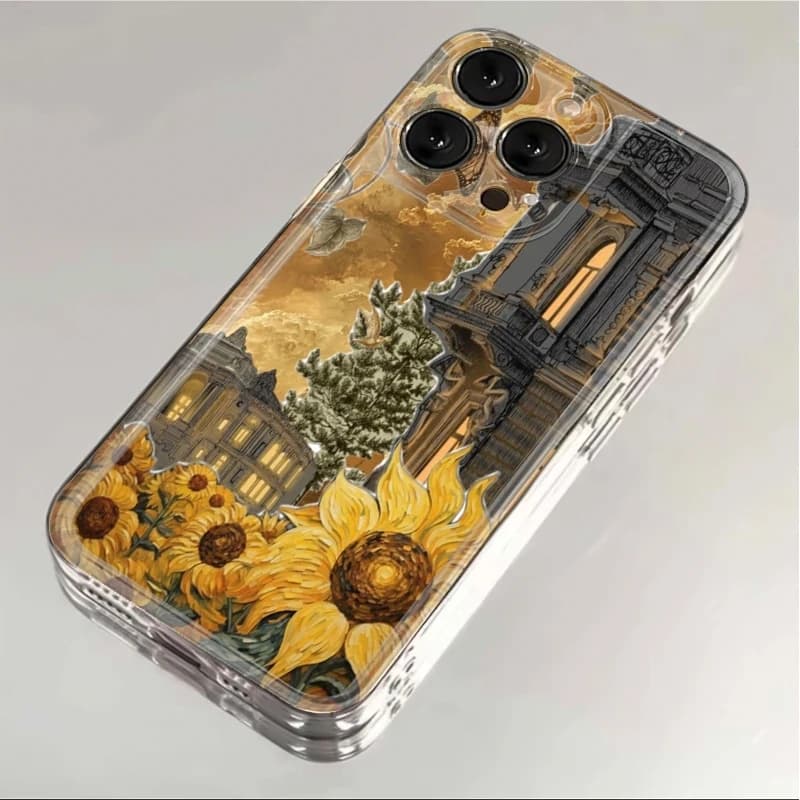 Vintage Sunflower Phone Case For iPhone 17 Air 16E 16 15 14 11 Pro Max Plus 13 12 Mini 8 7 X Transparent Shockproof Cover
